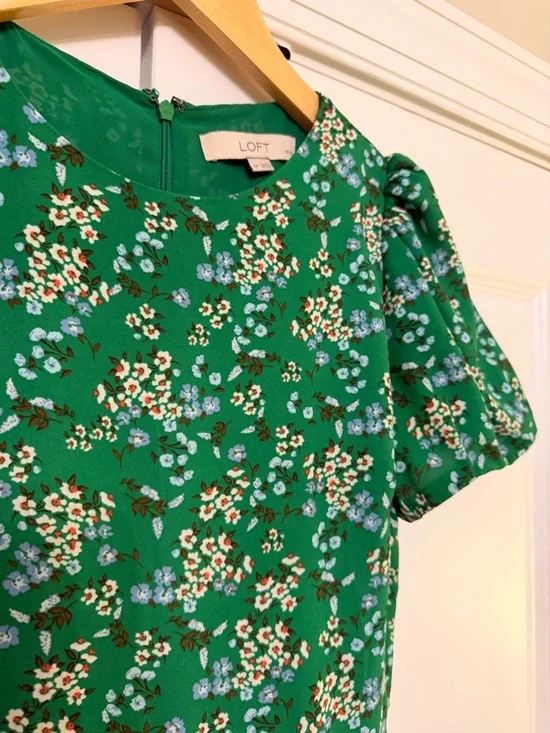LOFT Green Floral Sleeve Knee Length Summer Dress Size 0 Petite - Picture 2 of 3